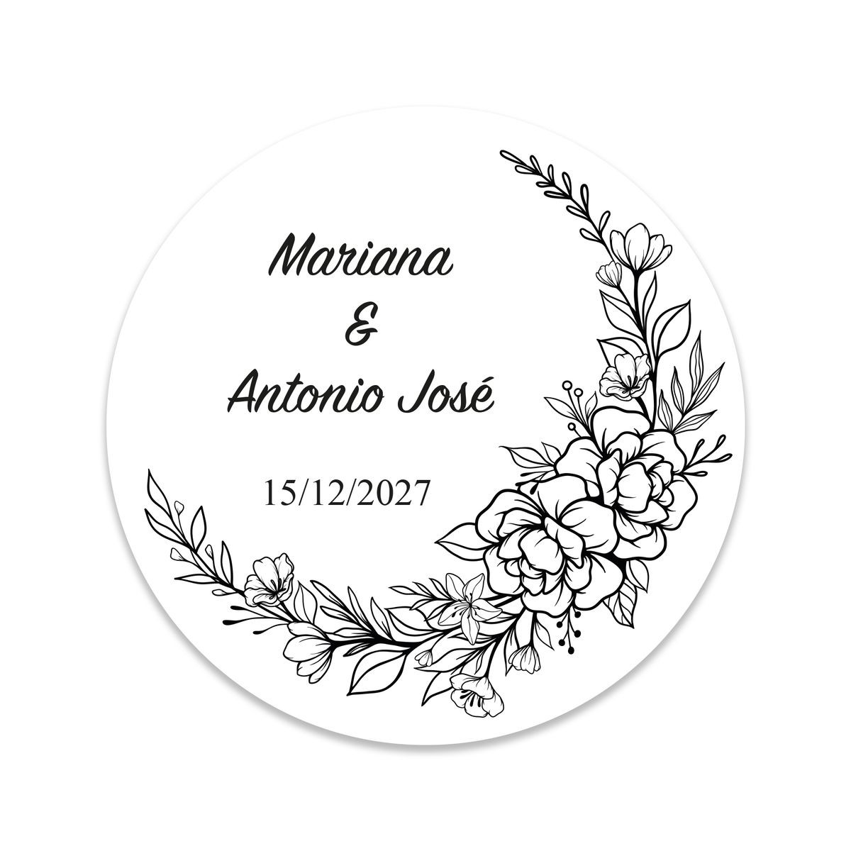 Adhésif rond personnalisable de 3 cm avec des fleurs en noir et blanc pour les mariages