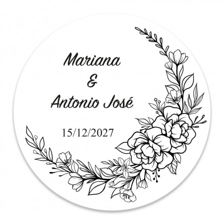 Adhésif rond personnalisable de 3 cm avec des fleurs en noir et blanc pour les mariages