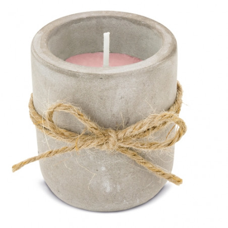Bougie rustique dans un porte-bougie en béton avec un nœud en jute
