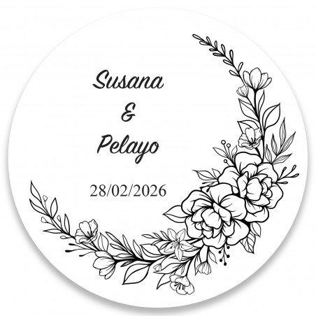 Autocollant rond personnalisable de 5 cm avec des fleurs noires et blanches pour les mariages