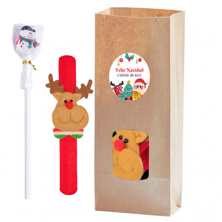 Bracelet renne Rudolph avec crayon bonhomme de neige dans un sac avec autocollant de Noël personnalisable
