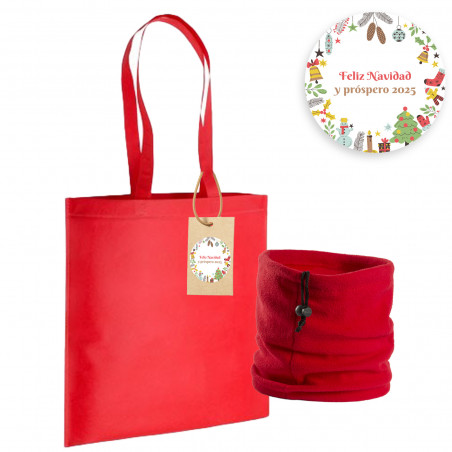 Braga polaire rouge dans un sac à poignées longues avec étiquette personnalisée avec autocollant de Noël
