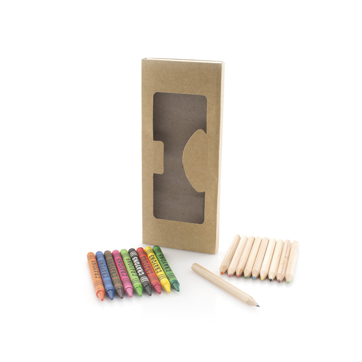 Cires et crayons de couleur présentés dans une boîte