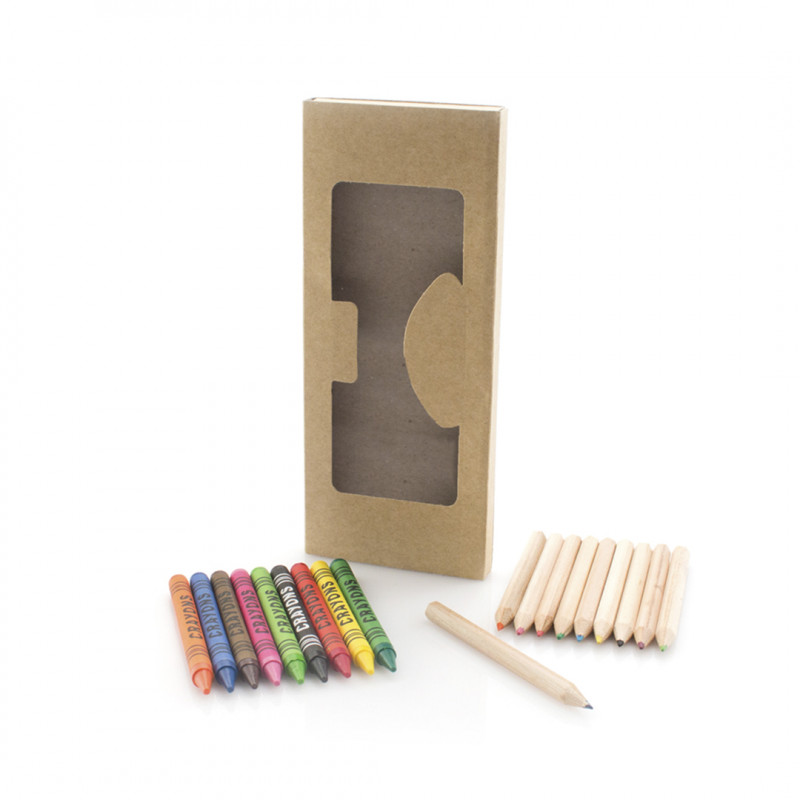 Cires et crayons de couleur présentés dans une boîte