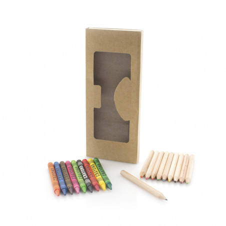 Cires et crayons de couleur présentés dans une boîte