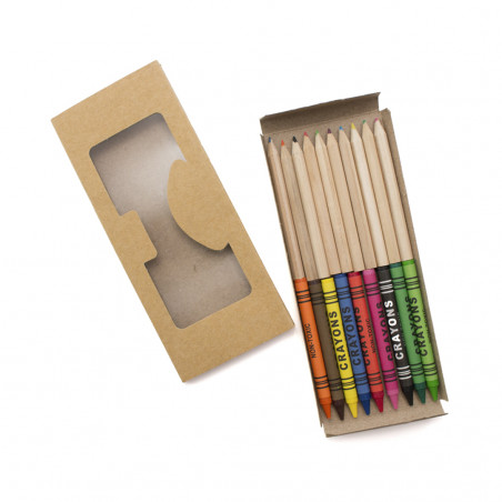 Cires et crayons de couleur présentés dans une boîte