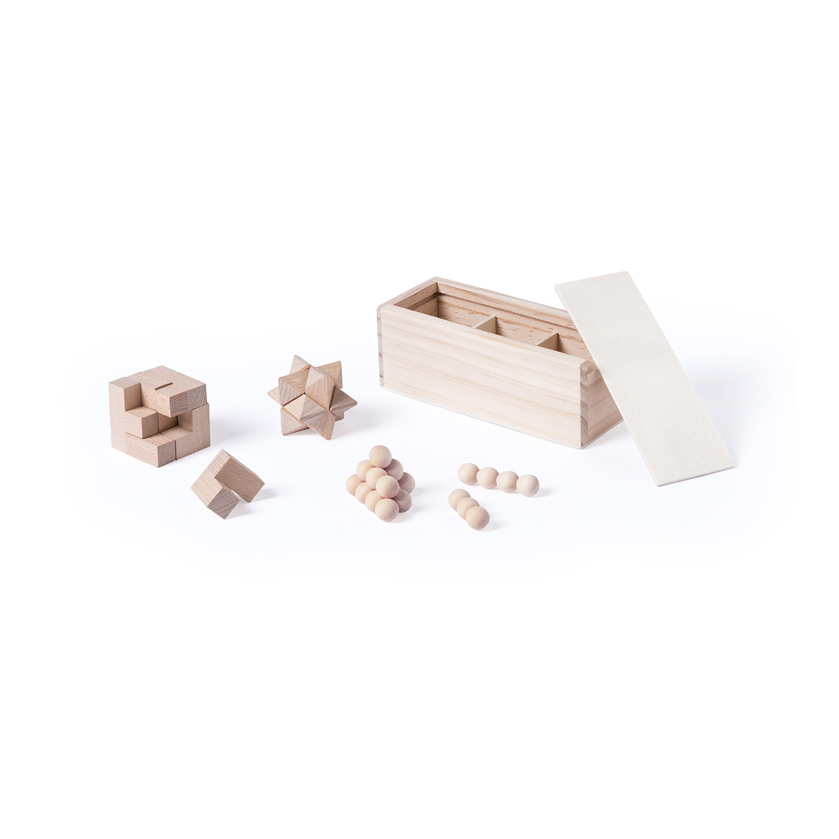 Set de 3 jeux de compétences en bois naturel dans une boîte