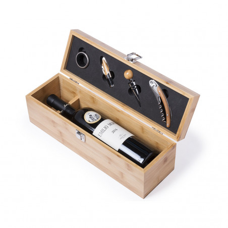 Tire-bouchon, coupe-capsule, bouchon, doseur et récupérateur de gouttes dans une boîte en bois pour bouteille de vin
