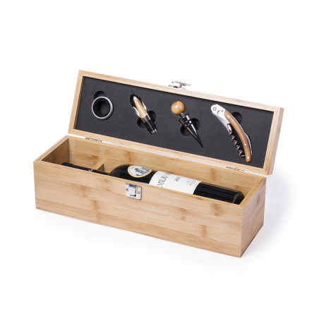 Tire-bouchon, coupe-capsule, bouchon, doseur et récupérateur de gouttes dans une boîte en bois pour bouteille de vin