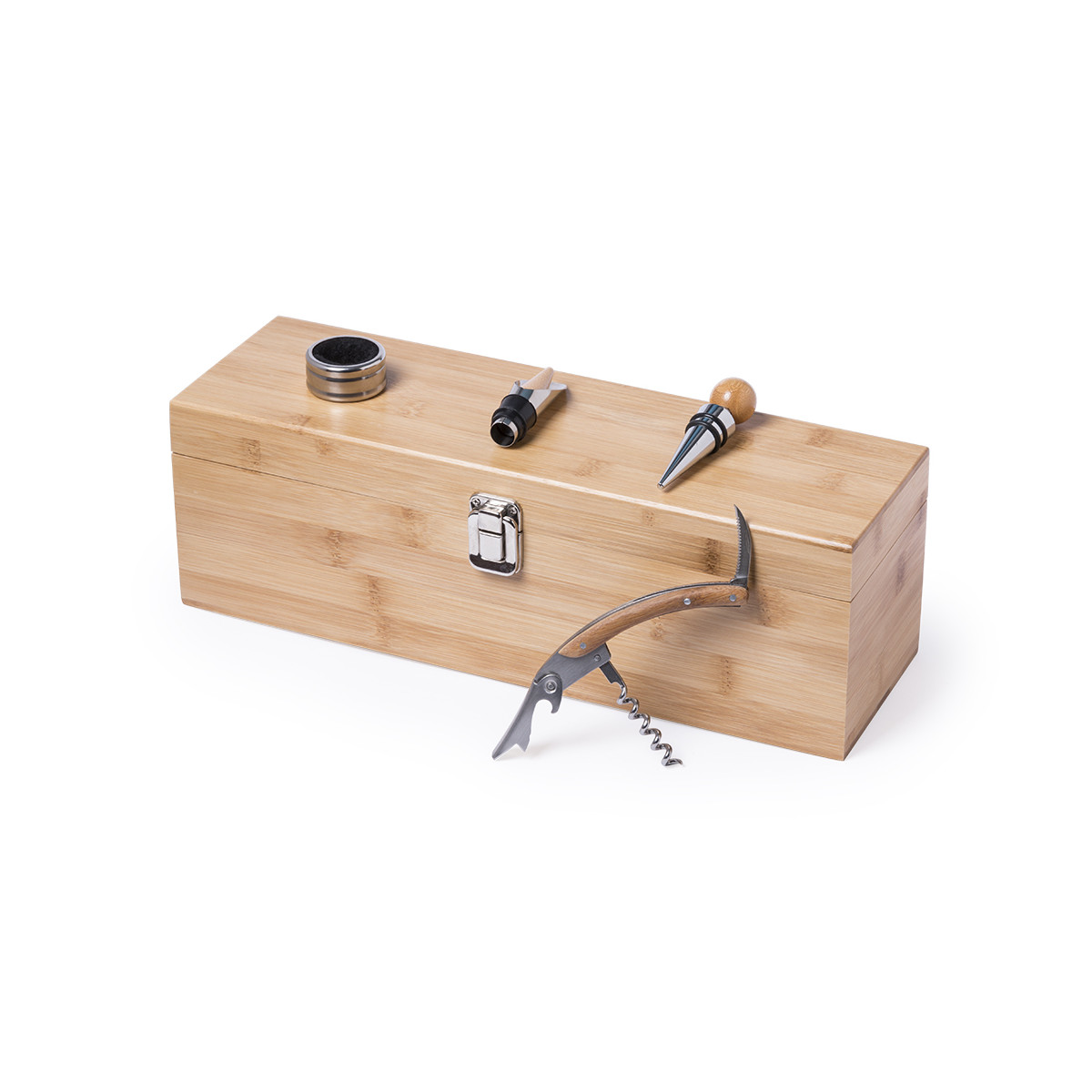 Tire-bouchon, coupe-capsule, bouchon, doseur et récupérateur de gouttes dans une boîte en bois pour bouteille de vin