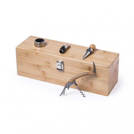 Tire-bouchon, coupe-capsule, bouchon, doseur et récupérateur de gouttes dans une boîte en bois pour bouteille de vin