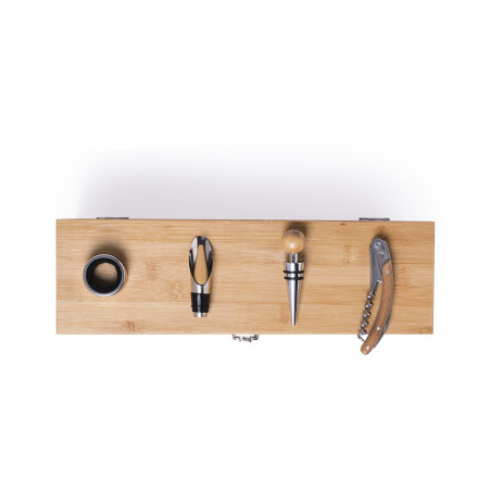 Tire-bouchon, coupe-capsule, bouchon, doseur et récupérateur de gouttes dans une boîte en bois pour bouteille de vin