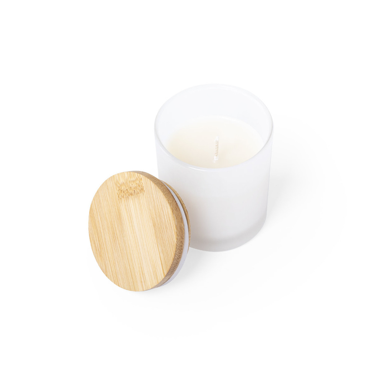 Bougie parfumée vanille présentée dans un pot en verre avec un couvercle en bambou