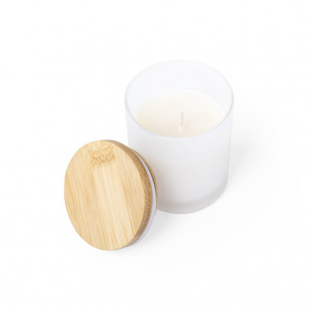 Bougie parfumée vanille présentée dans un pot en verre avec un couvercle en bambou