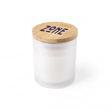 Bougie parfumée vanille présentée dans un pot en verre avec un couvercle en bambou