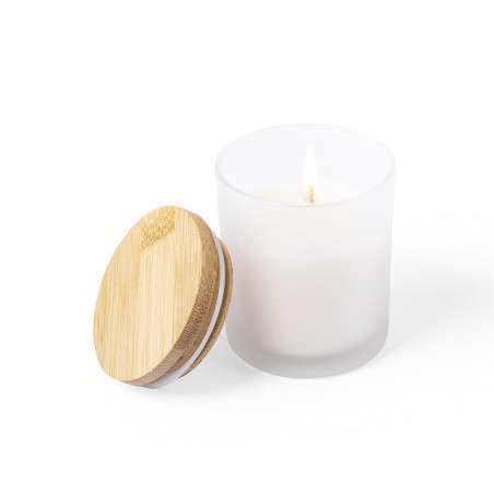 Bougie parfumée vanille présentée dans un pot en verre avec un couvercle en bambou