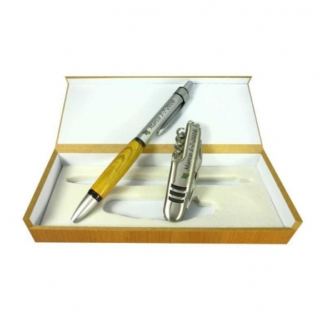 Stylo et couteau personnalisés dans une boîte en bois, cadeaux pour invités de baptême