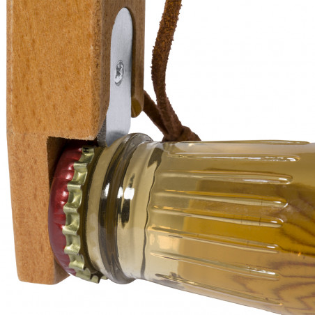 Ouvre bouteille en bois avec plaque métallique et cordon
