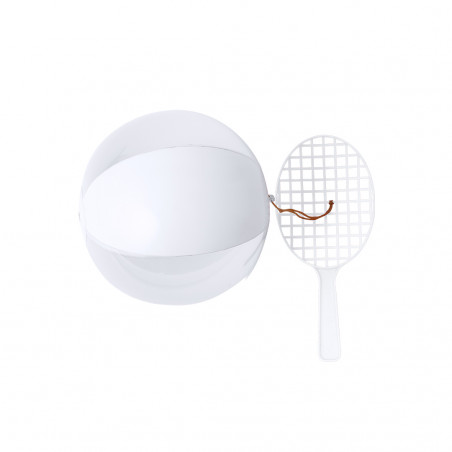 Set de raquette et ballon de plage réunis par un élastique de couleur blanche