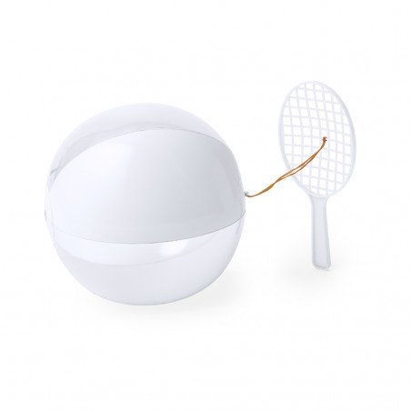 Set de raquette et ballon de plage réunis par un élastique de couleur blanche