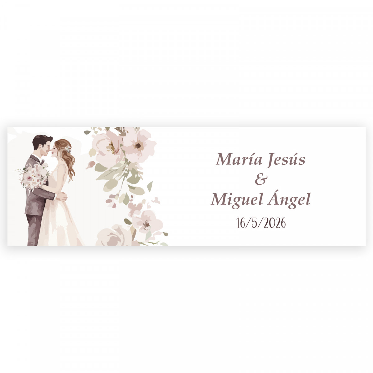 Adhésif personnalisé romantique 6x2cm fleurs et mariés s'embrassant pour les mariages