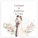 Adhésif romantique personnalisé 5x5cm fleurs et mariés s'embrassant pour les mariages