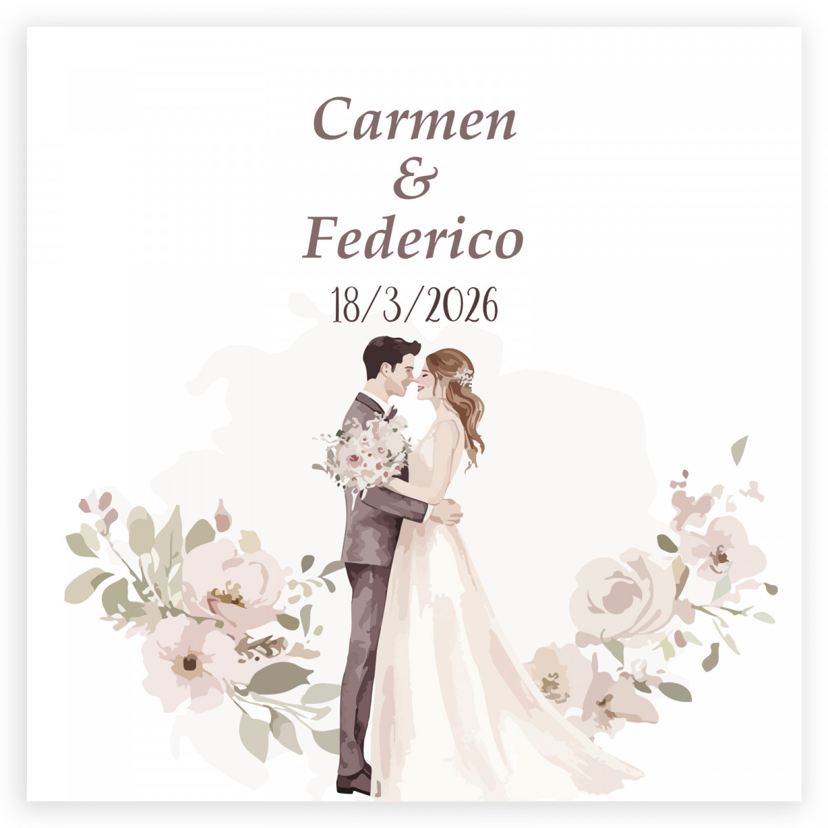 Adhésif romantique personnalisé 5x5cm fleurs et mariés s'embrassant pour les mariages