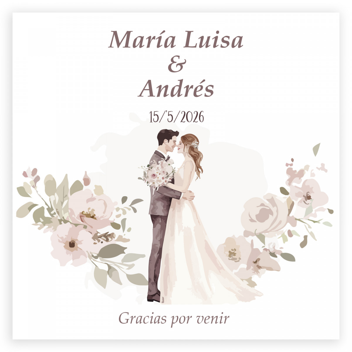 Carte de remerciement personnalisée 8x8 romantique avec fleurs et mariés pour les mariages