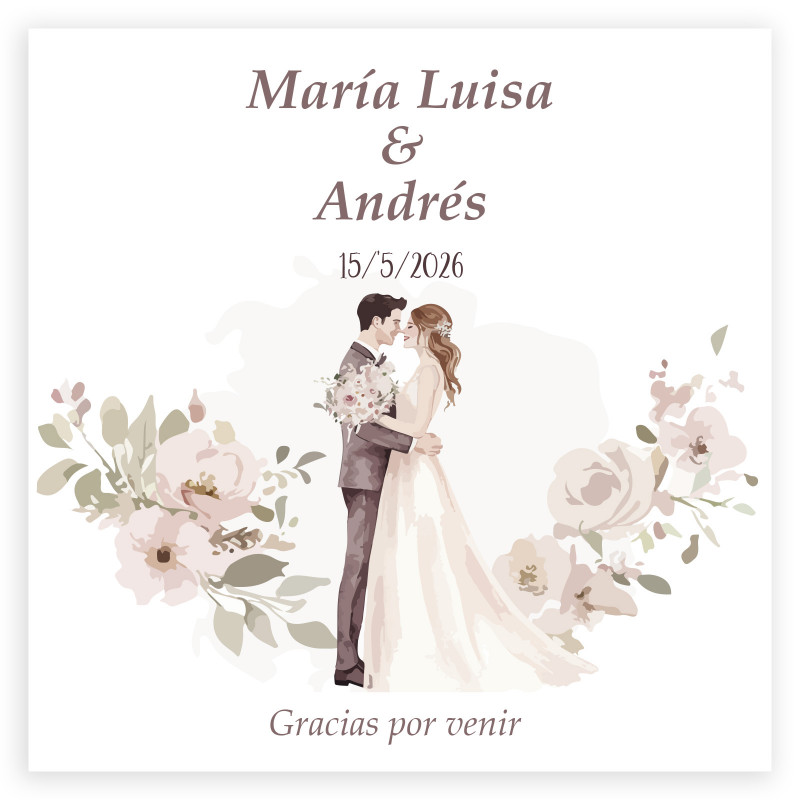 Carte de remerciement personnalisée 8x8 romantique avec fleurs et mariés pour les mariages