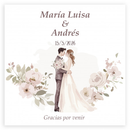Carte de remerciement personnalisée 8x8 romantique avec fleurs et mariés pour les mariages