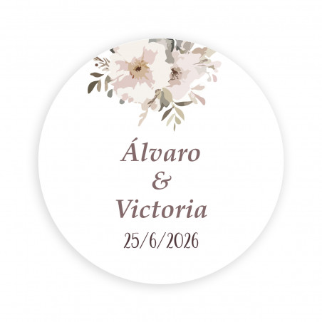 Adhésif personnalisé 2cm fond blanc fleurs pastel pour mariages