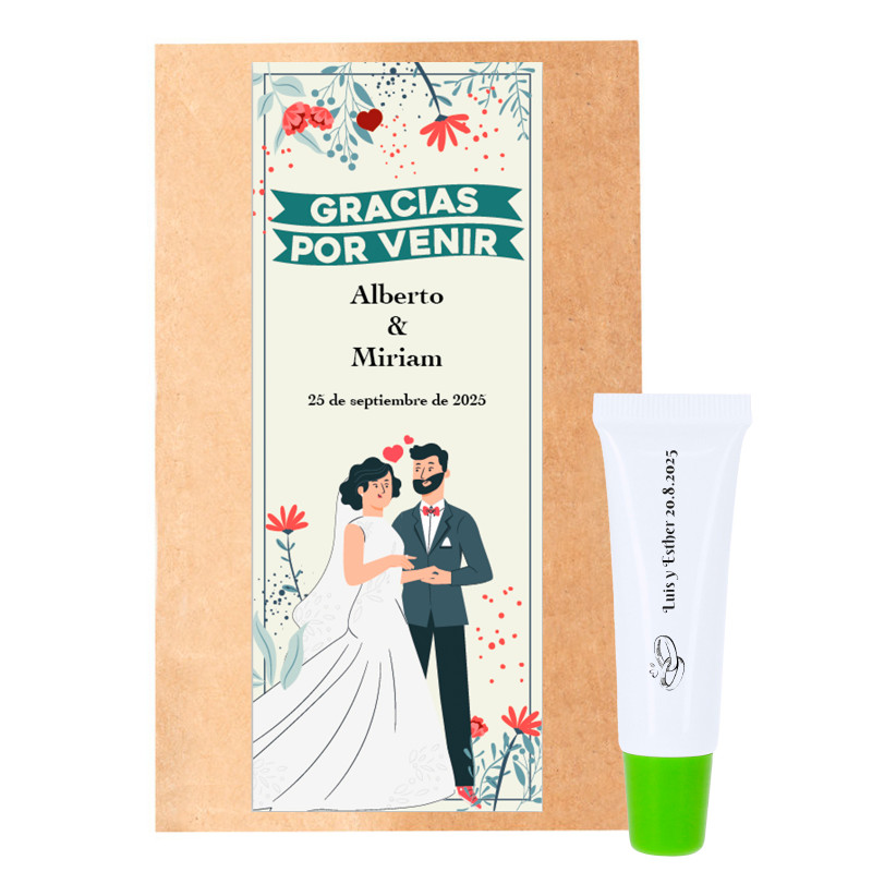 Brillance pour lèvres personnalisée dans une enveloppe kraft avec autocollant pour mariages vertical personnalisable