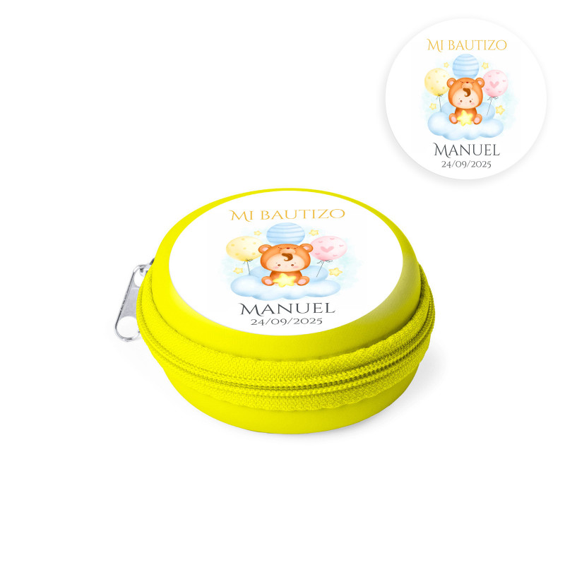 Porte-monnaie pour enfants jaune personnalisé avec autocollant pour détail de baptême