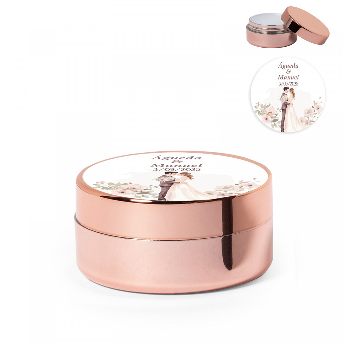 Baume à lèvres or rose avec couvercle personnalisé pour les détails de mariage