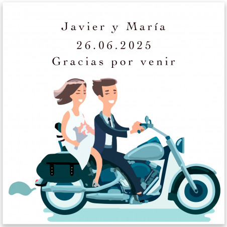Carte 8x8 cm design mariés sur moto pour les détails