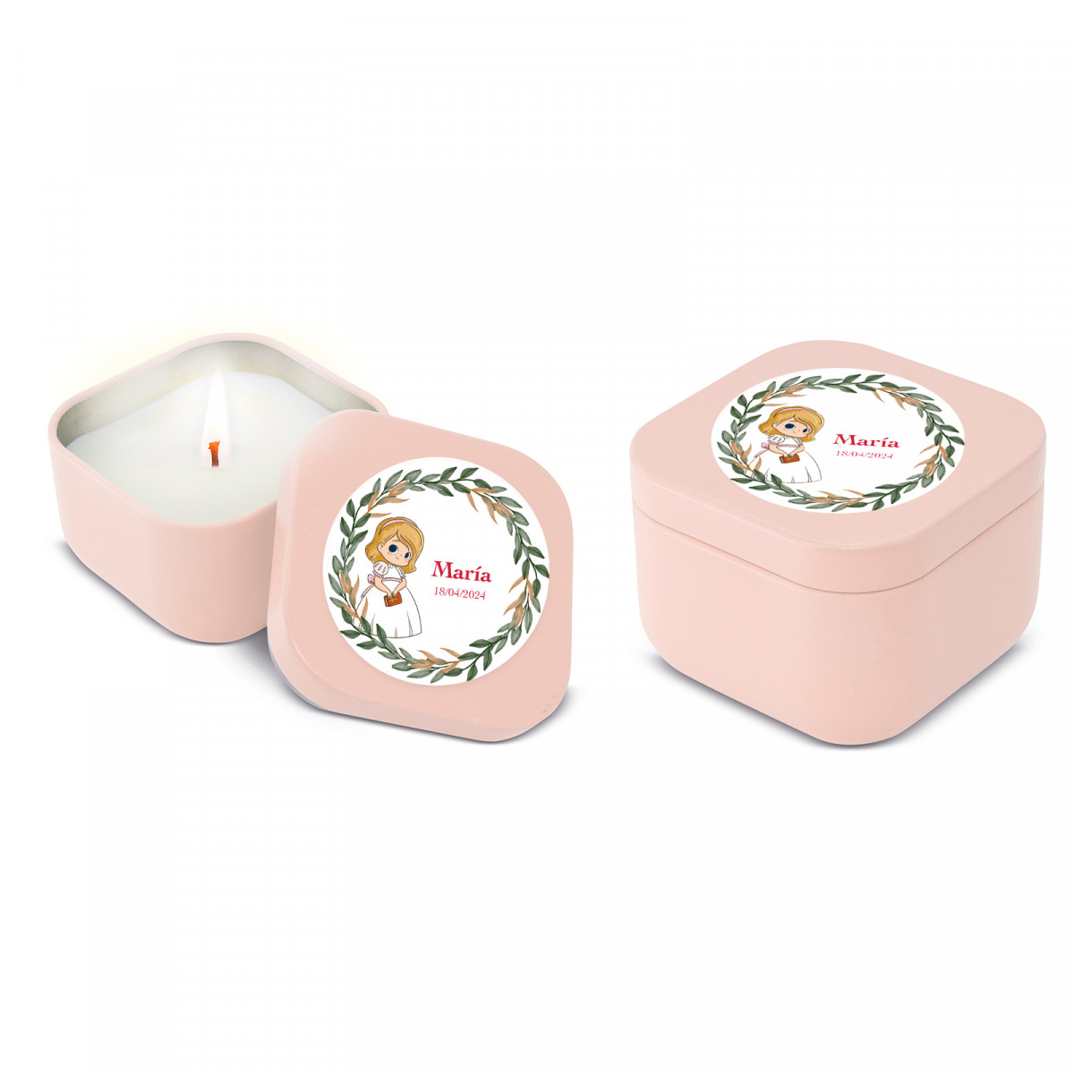 Bougie parfumée dans une boîte personnalisée pour les souvenirs de première communion filles