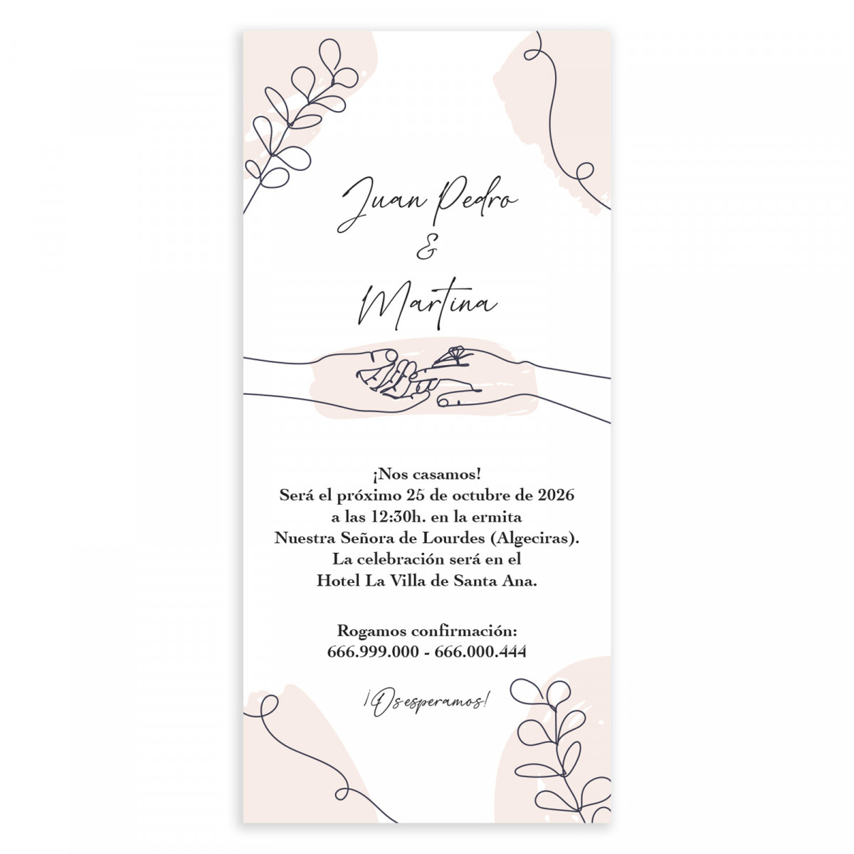 Invitation de mariage carte verticale avec dessins à la main de mains et éléments décoratifs
