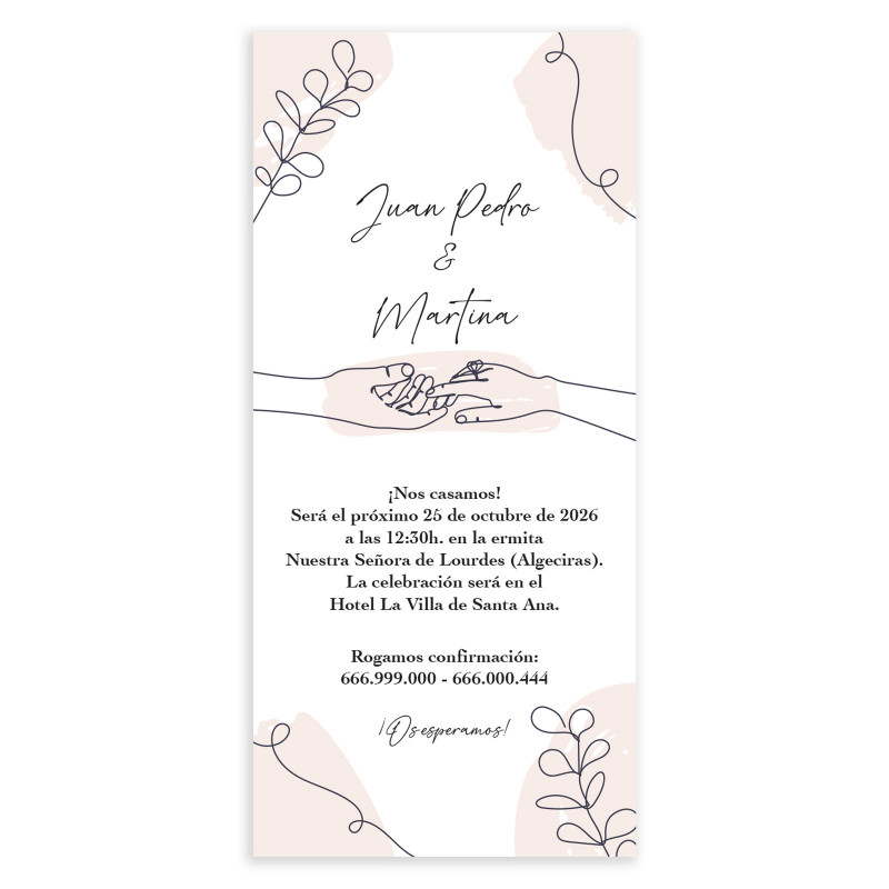 Invitation de mariage carte verticale avec dessins à la main de mains et éléments décoratifs