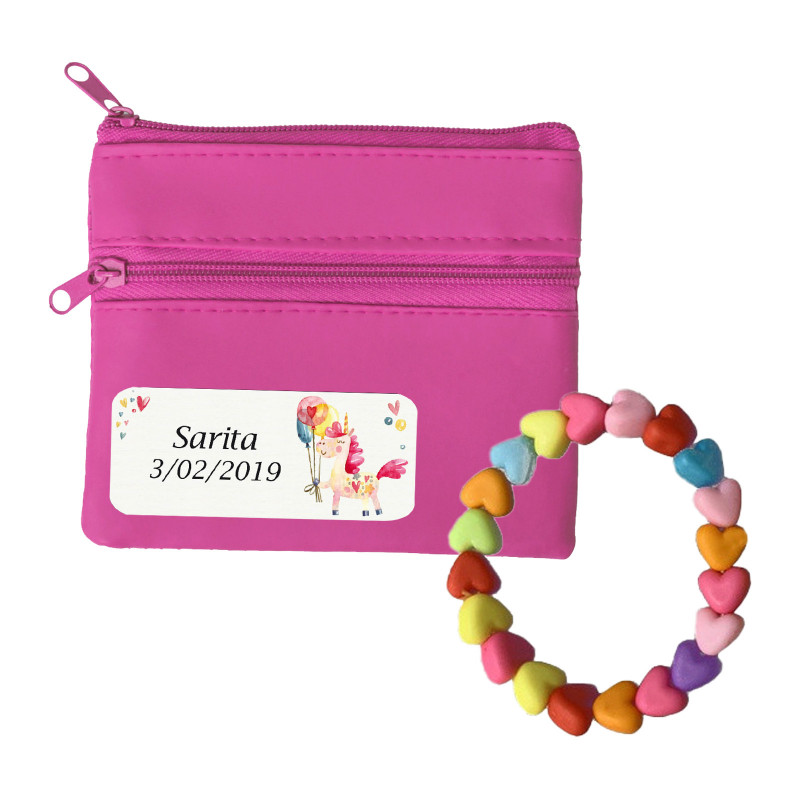 Bracelet enfant et porte-monnaie fuchsia personnalisé avec autocollant de licorne pour les détails