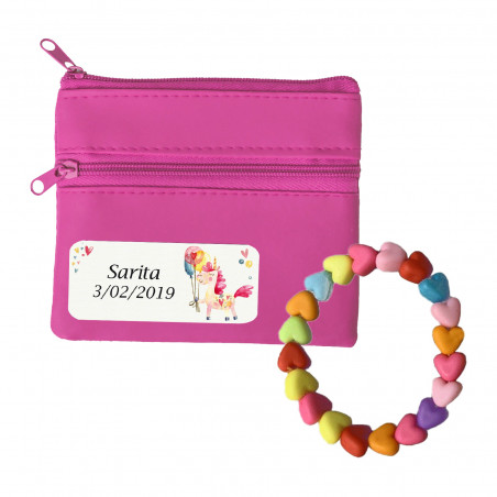 Bracelet enfant et porte-monnaie fuchsia personnalisé avec autocollant de licorne pour les détails
