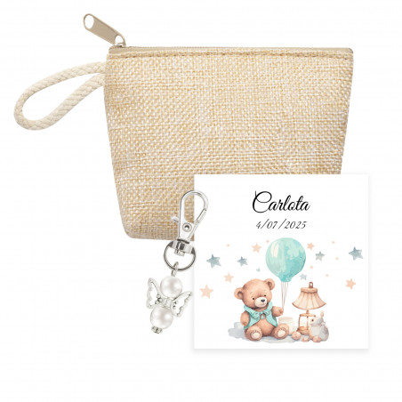 Porte-clé d'ange dans un portefeuille avec carte personnalisée pour baptêmes