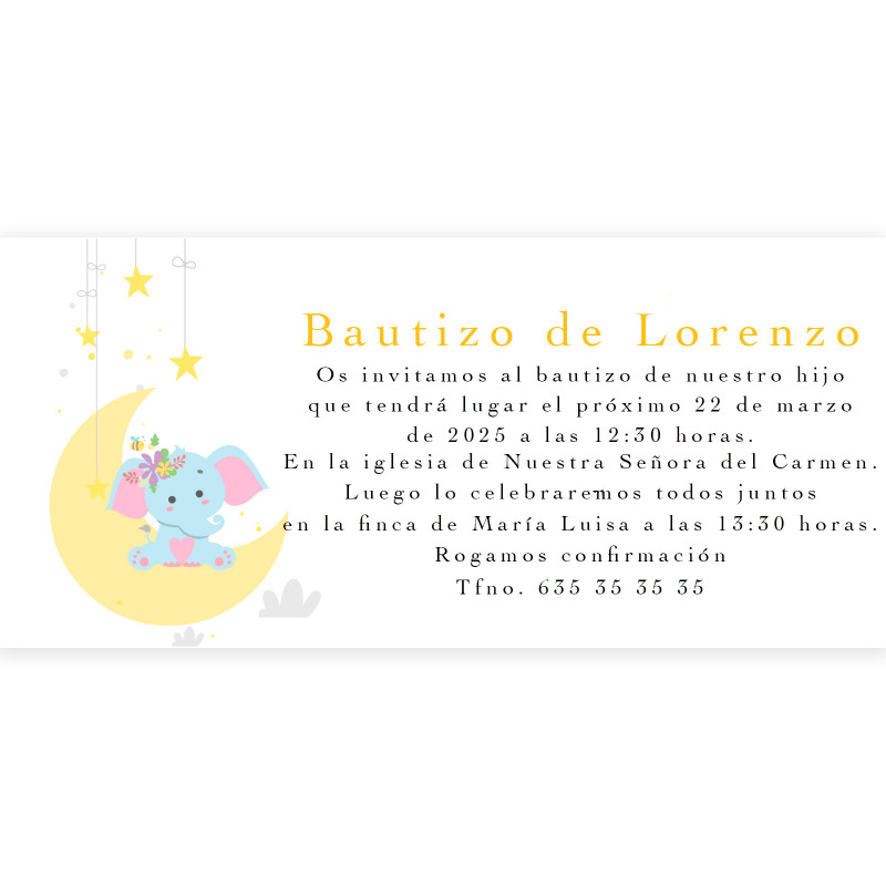 Invitation pour baptême design éléphant avec enveloppe blanche