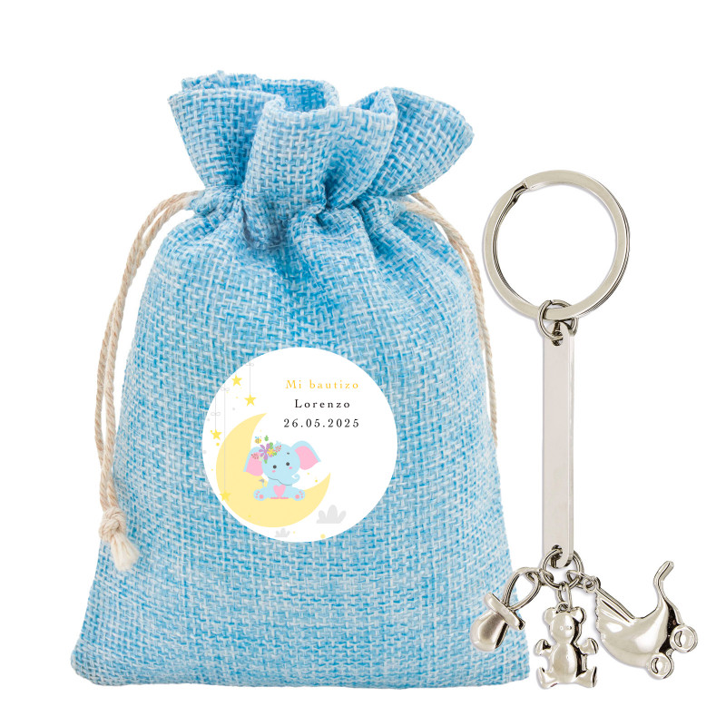 Porte-clé de baptême avec charms dans un sac en tissu avec autocollant personnalisé de baptême avec éléphant