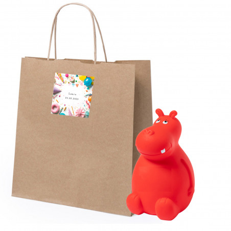 Tirelire enfant en forme d'hippopotame avec sac et autocollant personnalisé à offrir
