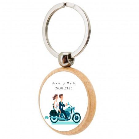Porte-clés personnalisé avec autocollant de mariés sur moto 5 cm personnalisable