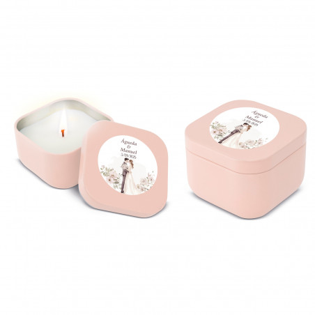 Bougie parfumée dans une boîte rose personnalisée pour les cadeaux de mariage