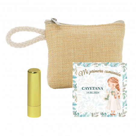 Baume à lèvres en stick avec porte-monnaie et carte pour les détails de communion de fille