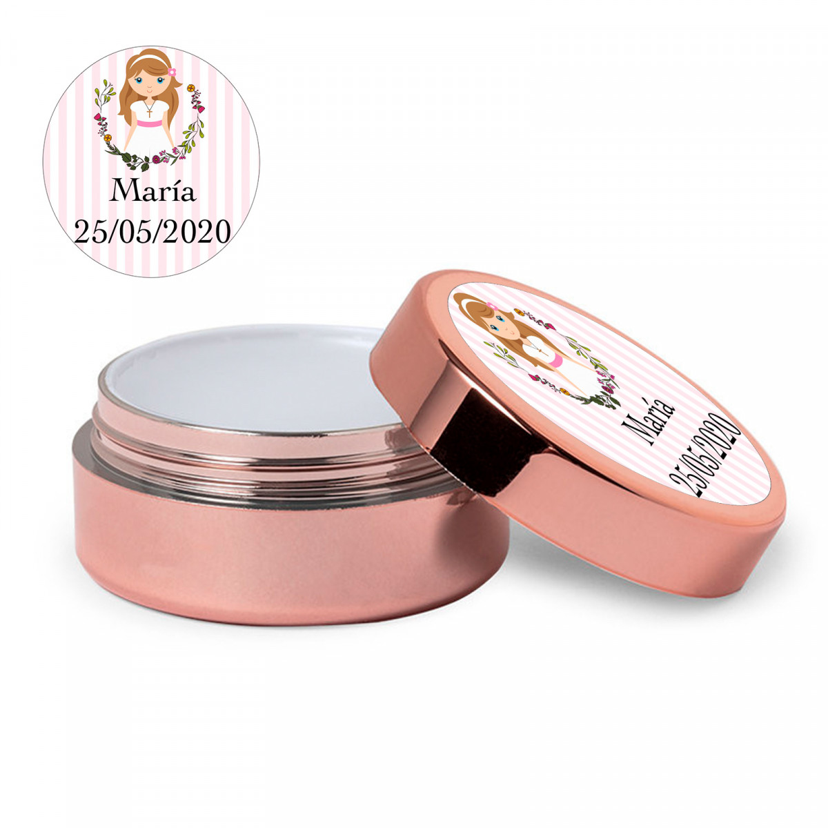 Baume à lèvres or rose avec autocollant première communion fille personnalisable pour les détails