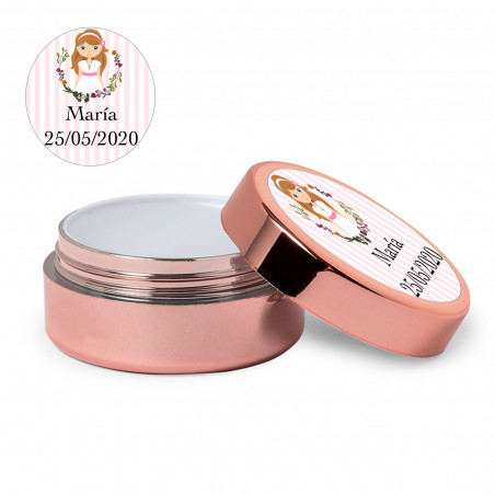Baume à lèvres or rose avec autocollant première communion fille personnalisable pour souvenirs