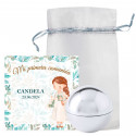 Brillant à lèvres argent dans un sac en organza avec carte de remerciement première communion fille pour les détails